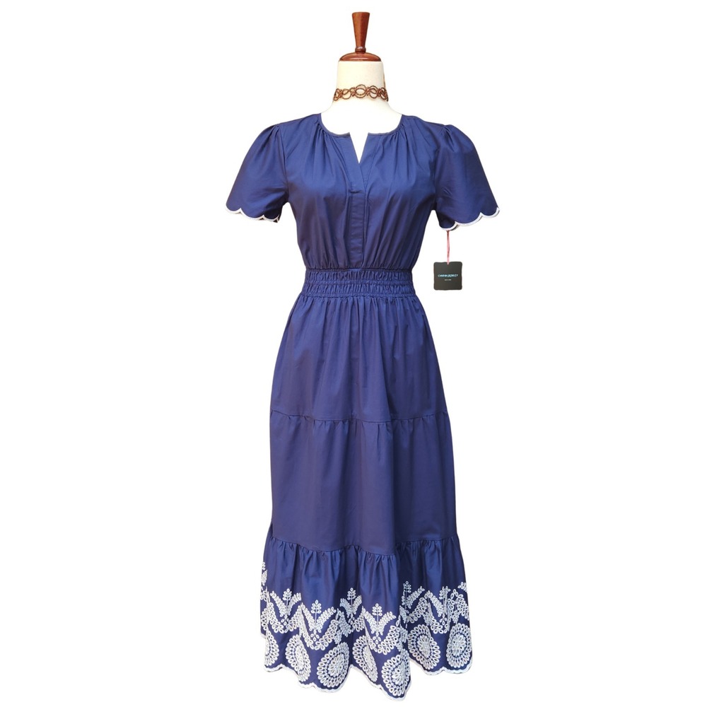 Cynthia Rowley Midi Dress XS Blue Scalloped Embroidered Coastal Cottagcore‎ Boho